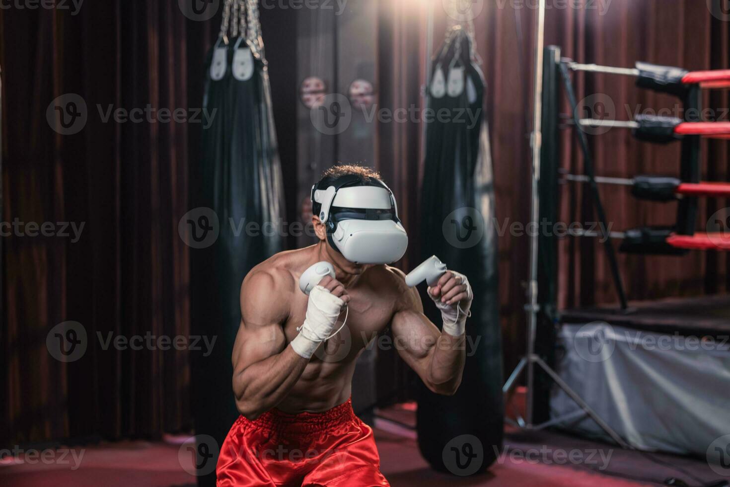 Professional boxer wear virtual reality headsets to engage in immersive boxing workouts simulations while practicing their punching techniques. Live, customized training sessions with boxing coach photo