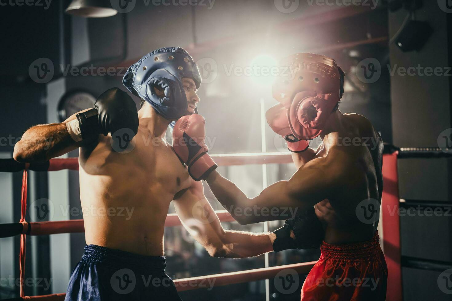 Boxer use various punch combinations, including the jab, hook, uppercut, cross, swing, straight. Getting in close to make opponent on ropes and knockout. Boxing champions win the round in boxing ring photo