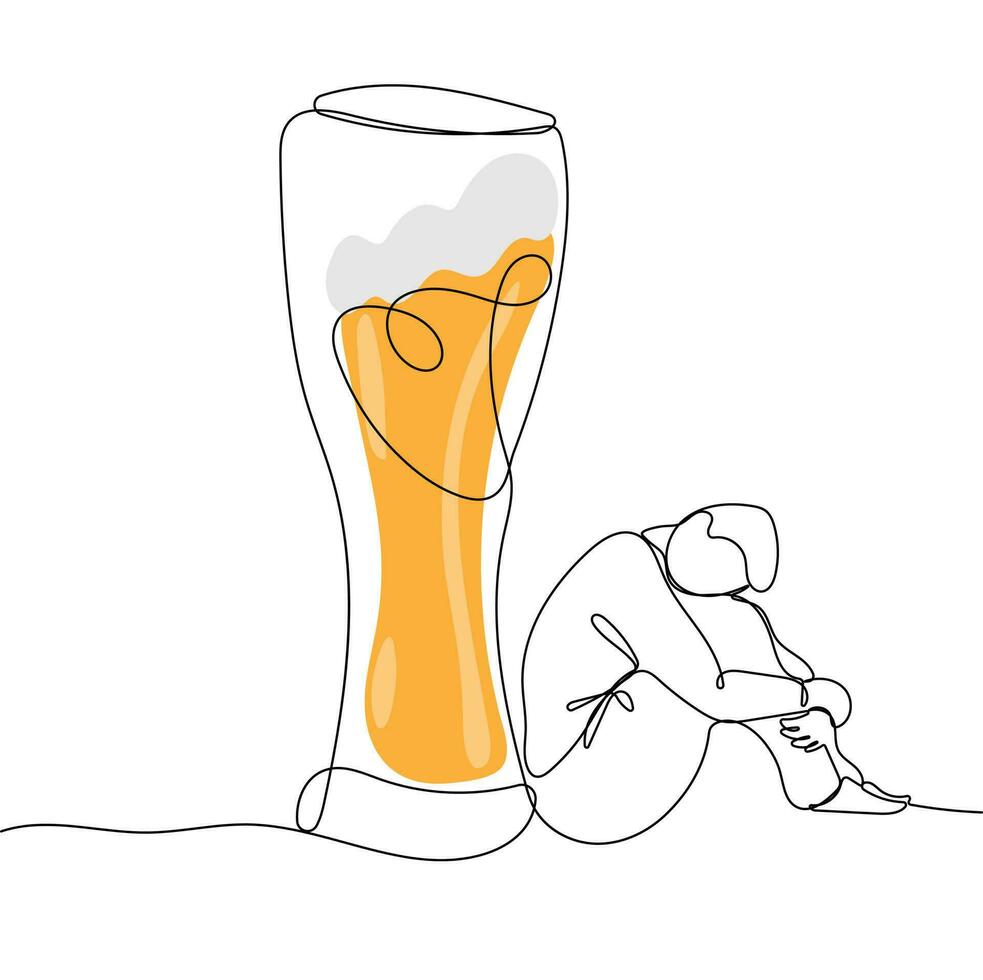 Man sitting under glass of beer. Alcohol addiction concept vector