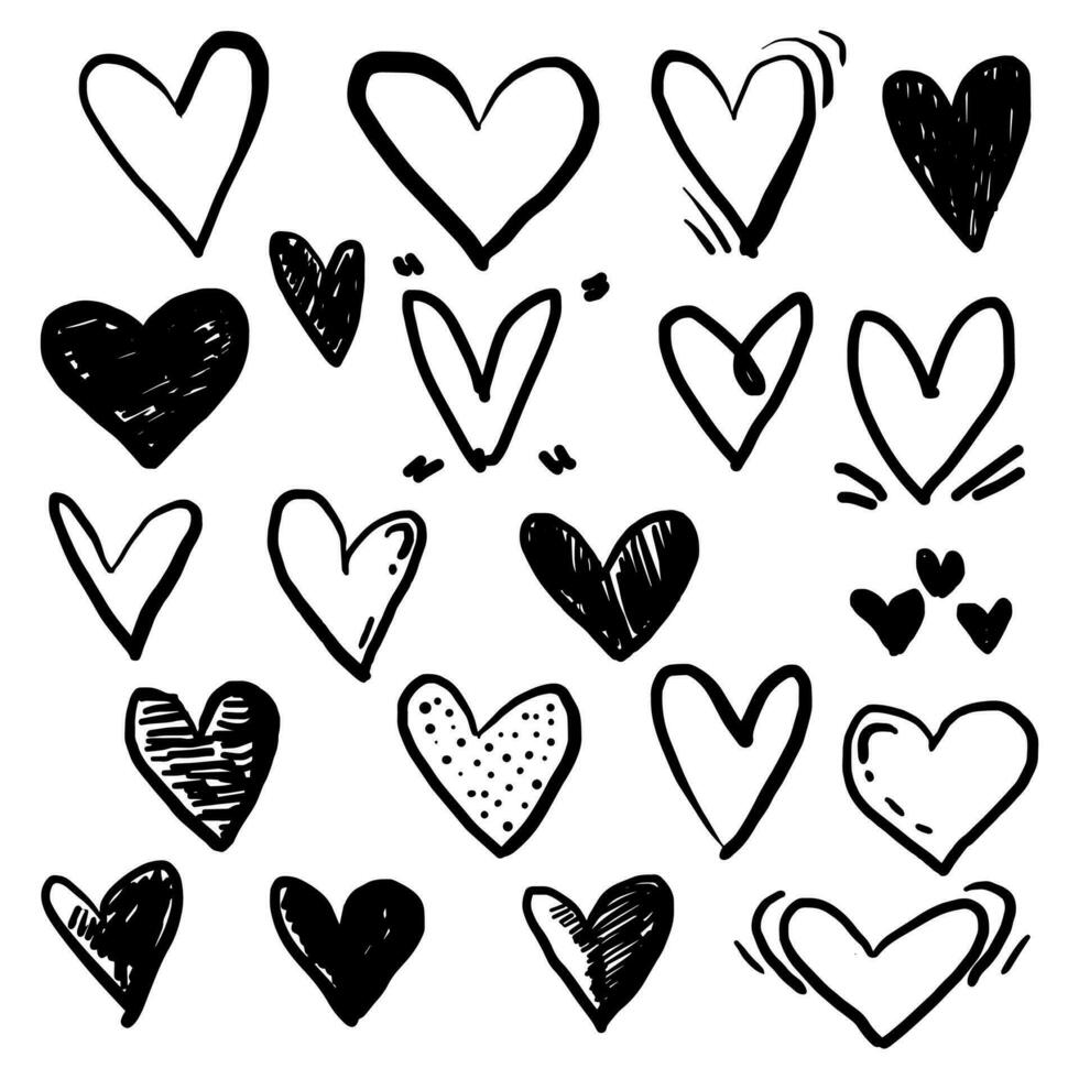 garabatear corazones recopilación. mano dibujado amor corazón. gráfico diseño elemento aislado en blanco antecedentes. vector ilustración