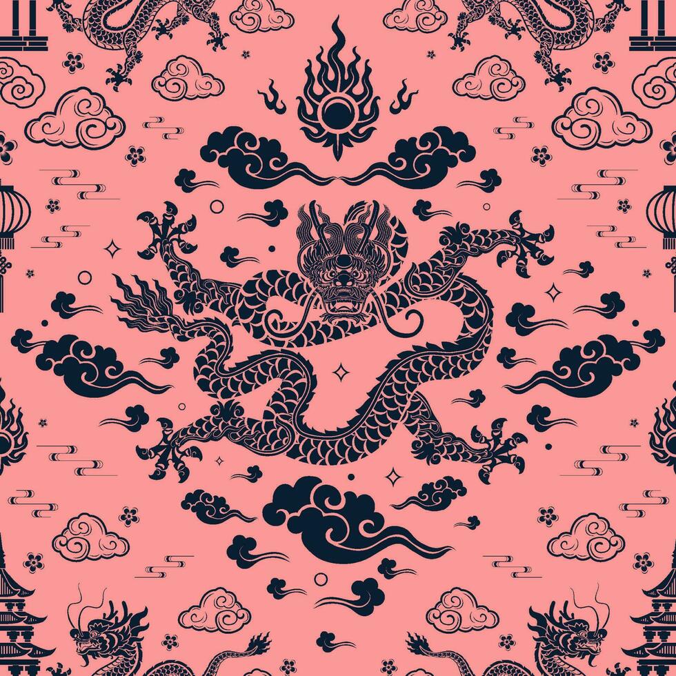 Seamless pattern happy chinese new year 2024 the dragon zodiac sign with asian elements paper cut style on color background. vector
