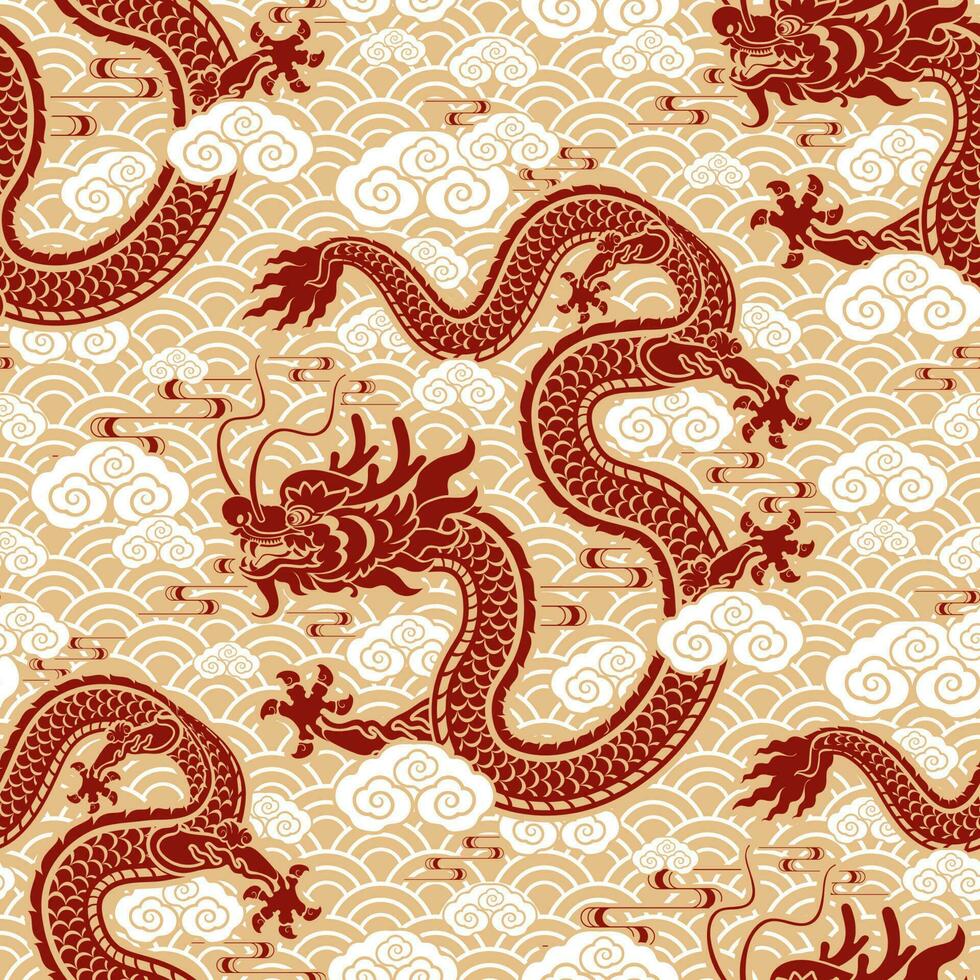 Seamless pattern happy chinese new year 2024 the dragon zodiac sign with asian elements paper cut style on color background. vector