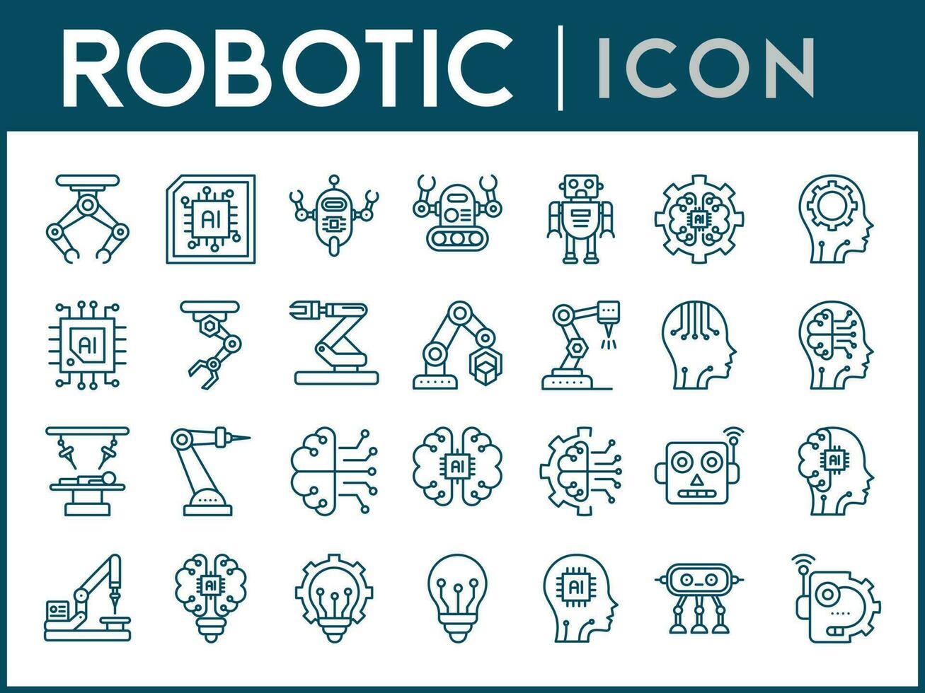 Industrial robot, icon set. Mechanical hydraulic robotic arm for manufacturing, linear icons. vector