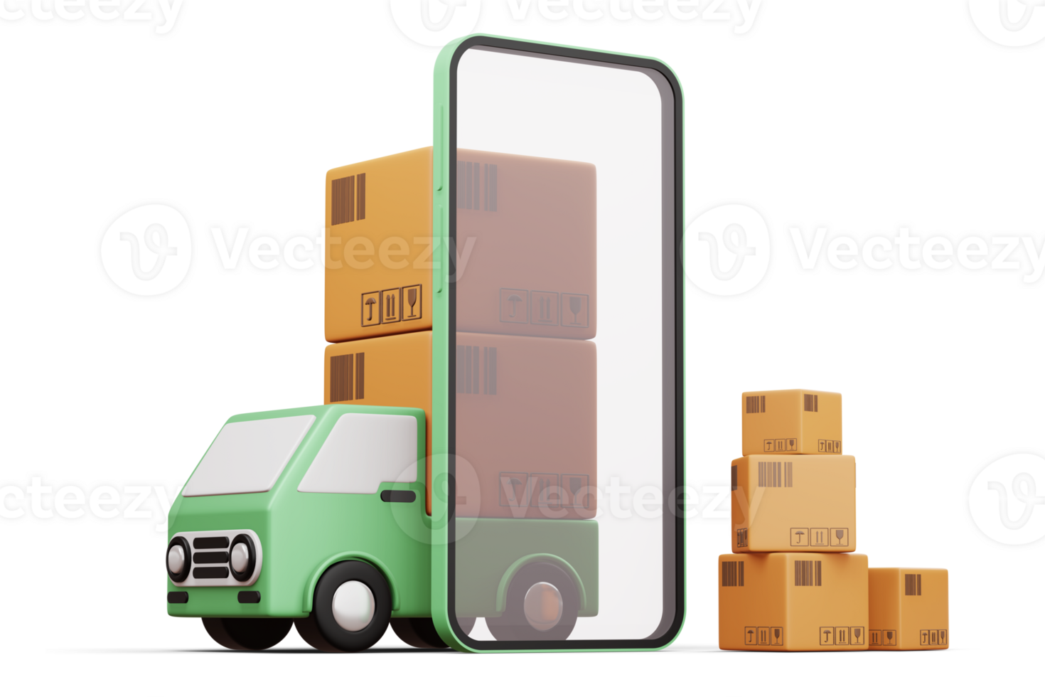 levering auto met telefoon en pakket doos, vervoer voertuig, 3d renderen png