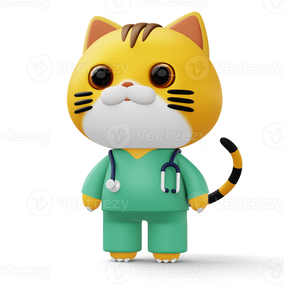 Cute doctor cat, 3d cartoon cat character, 3d rendering png