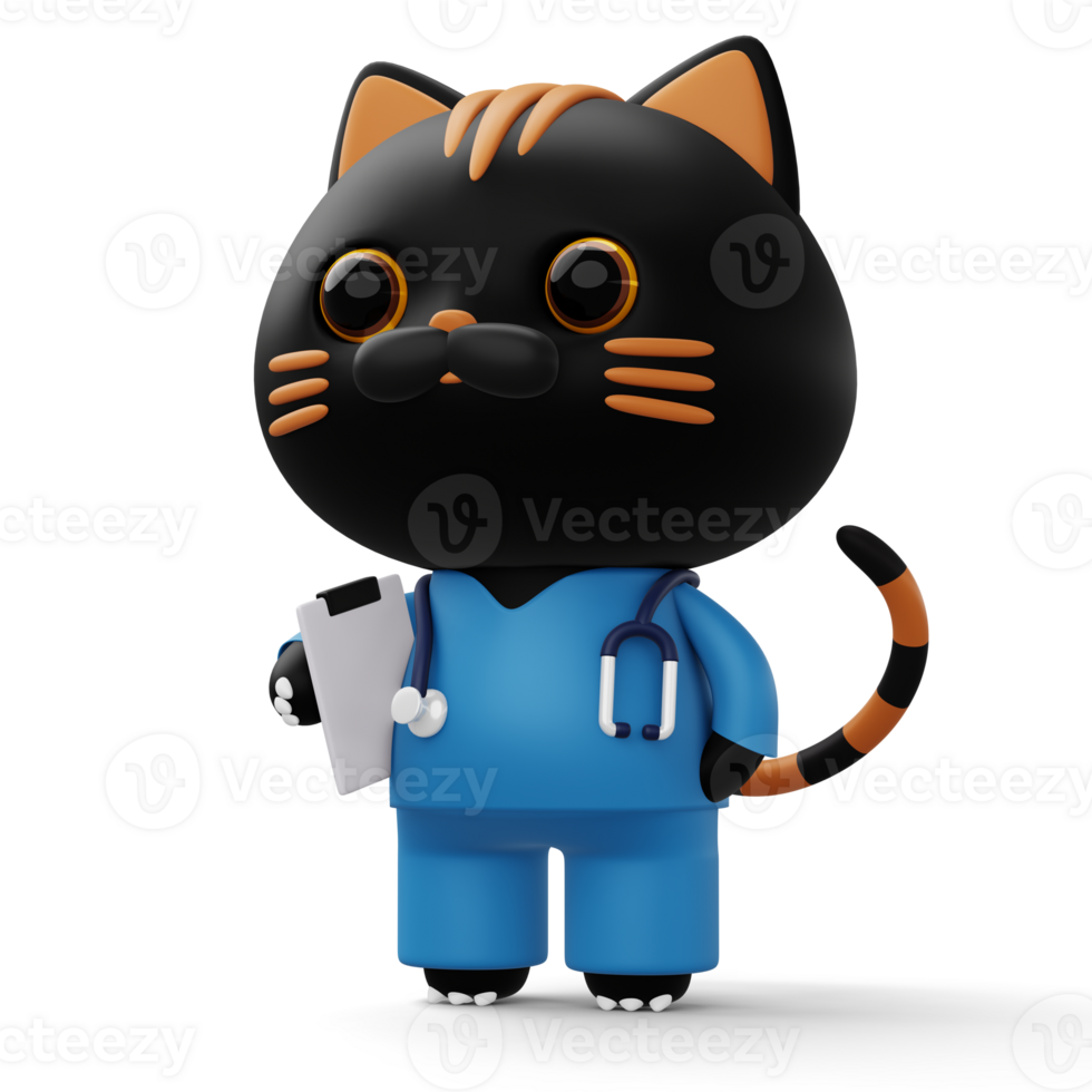 Cute doctor cat, 3d cartoon cat character, 3d rendering png