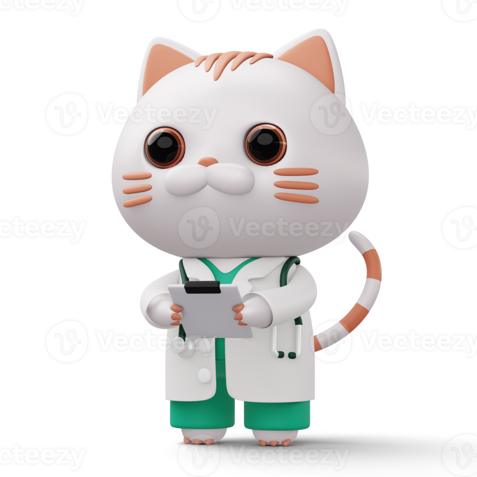 Cute doctor cat, 3d cartoon cat character, 3d rendering png