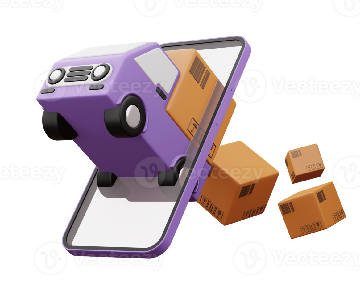 Delivery car with phone and parcel box, transport vehicle, 3d rendering png
