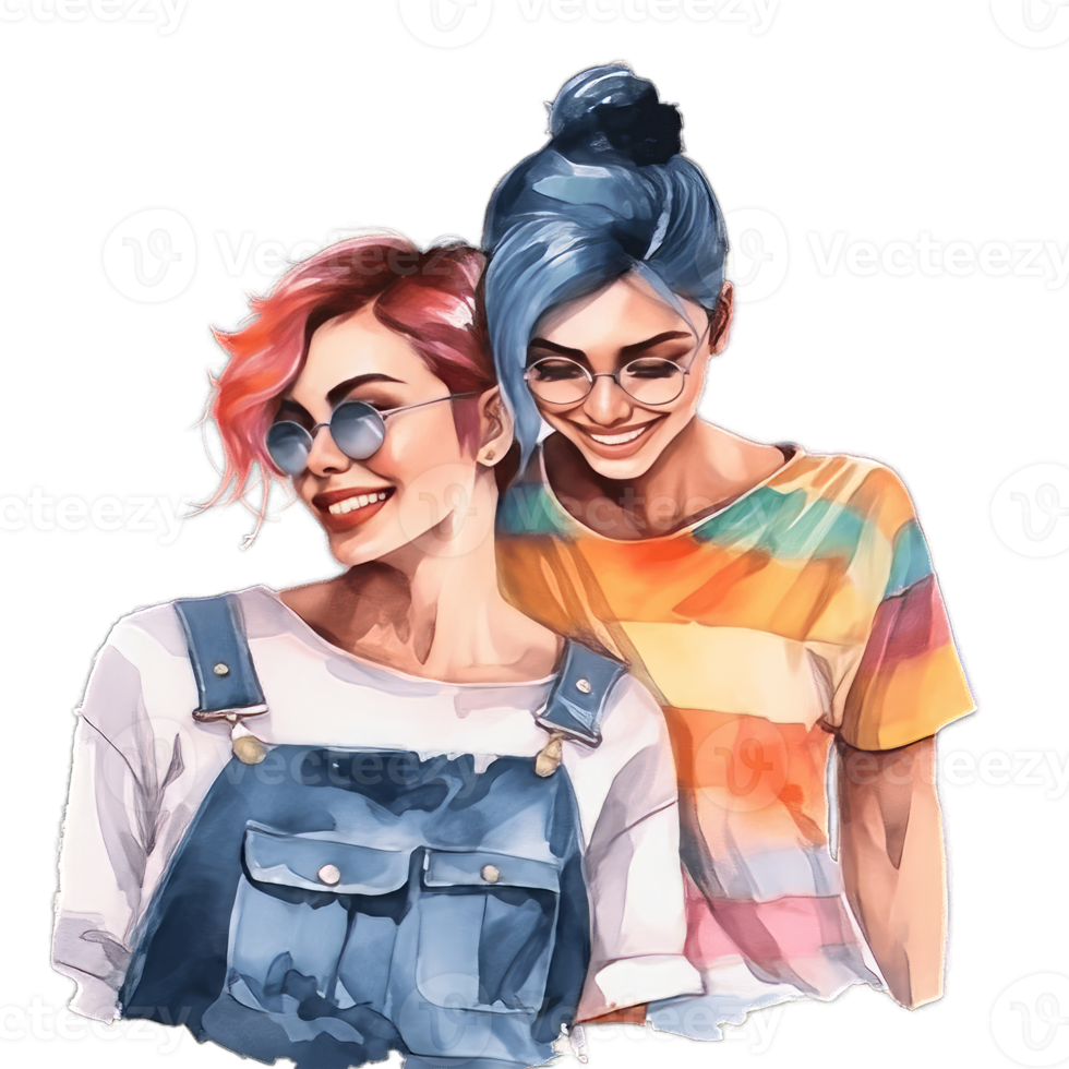 dois jovem meninas dentro óculos rir fechadas para cada de outros com colori cabelo vestem arco Iris tee camisa, lgbtq, mesmo sexo relacionamentos e homossexual conceito ai gerado png