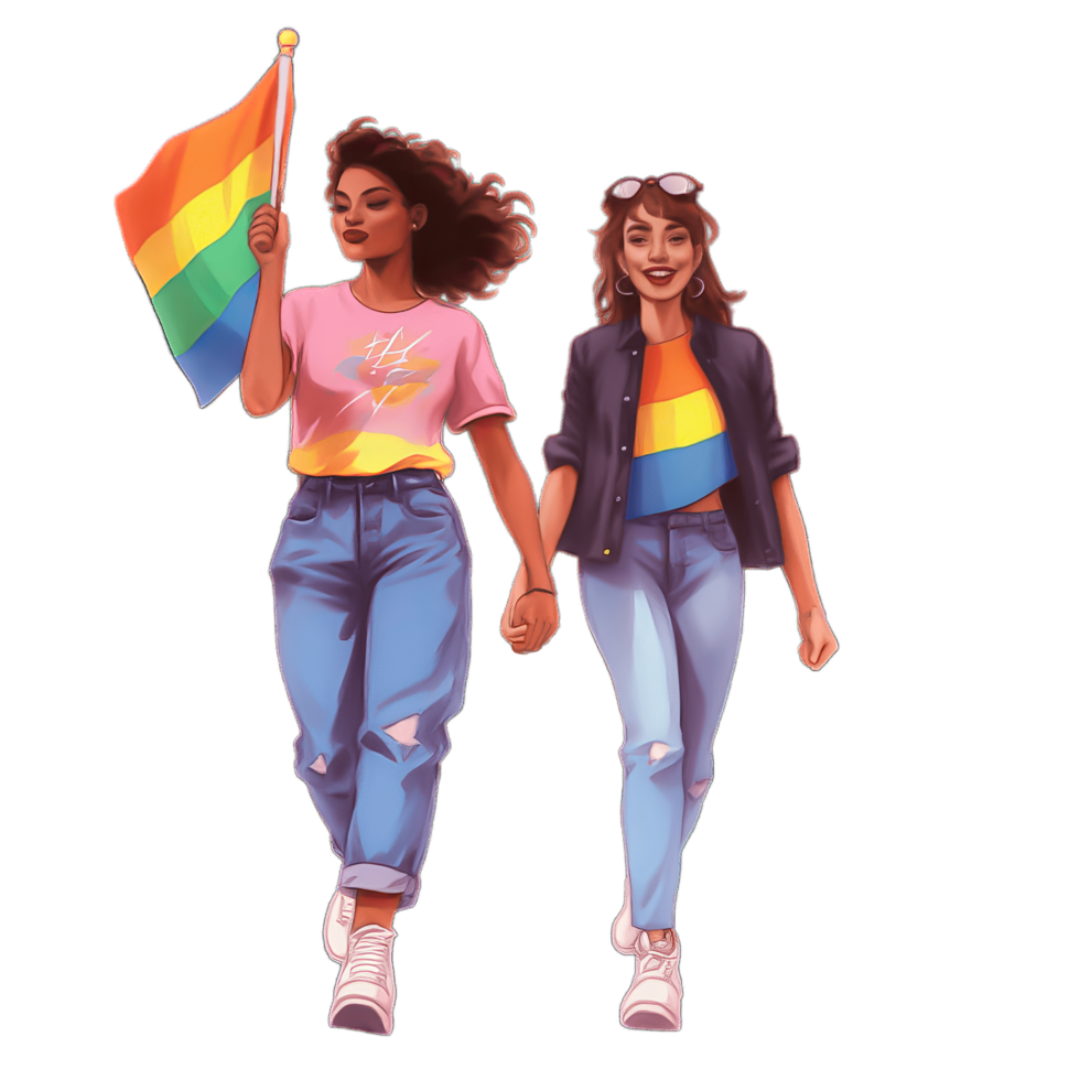 dos chicas, uno sostener arco iris bandera, y uno vestir arco iris tee camisa, lleno cuerpo caminando, concepto de orgullo día, lgbtq, del mismo sexo relaciones y homosexual ai generado png