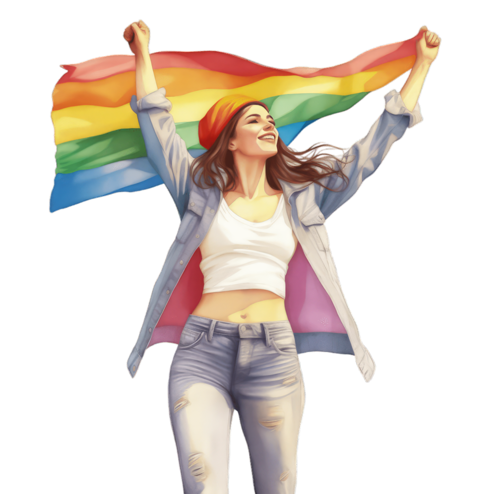 menina com vermelho gorro chapéu, branco tanque topo camisa aguarde arco Iris bandeira para a ar, conceito do orgulho dia, lgbtq, mesmo sexo relacionamentos e homossexual ai gerado png