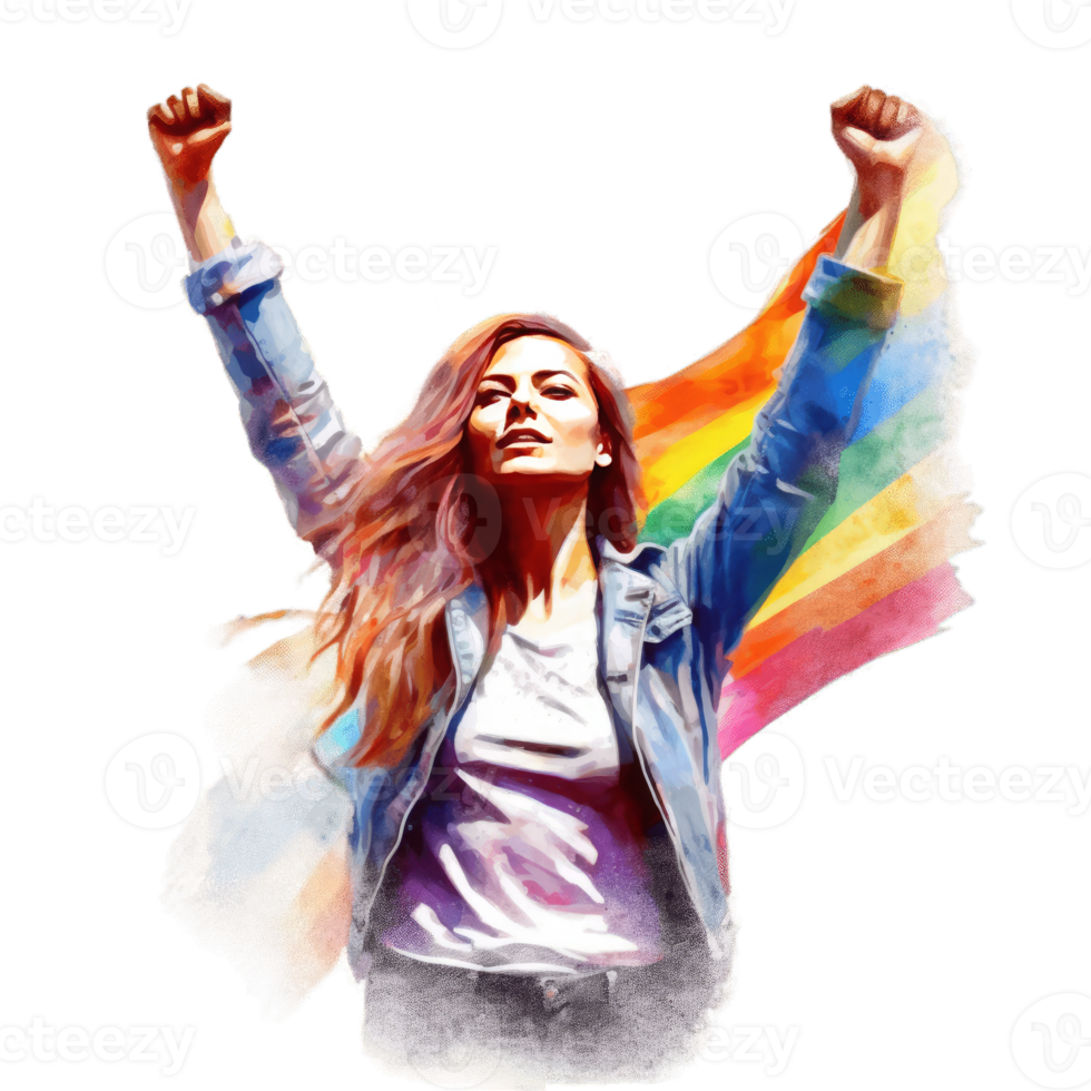 Long Hair Activist Woman With Both Fist Arm Pointed To The Air Over Rainbow Background Celebrate Pride Day, LGBTQ, Same-Sex Relationships and Homosexual Concept png