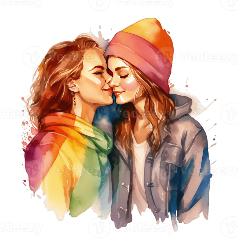 Due donne bacio ogni altro indossare arcobaleno tee camicia simbolo di LGBTQ sociale movimento, lgbtq, dello stesso sesso relazioni e omosessuale concetto ai generato png