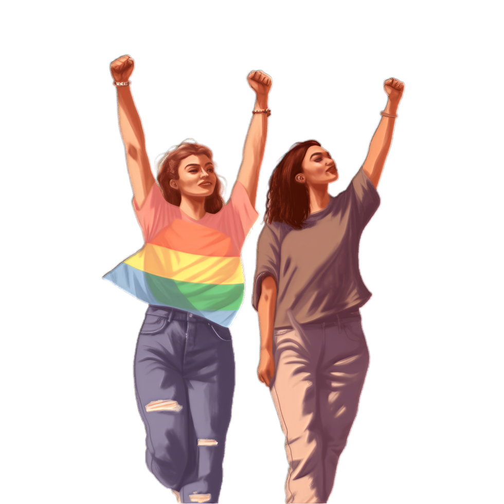 dos mujer, ellos aumento su puño a el aire, uno vestir arco iris tee camisa, concepto de orgullo día, lgbtq, del mismo sexo relaciones y homosexual ai generado png