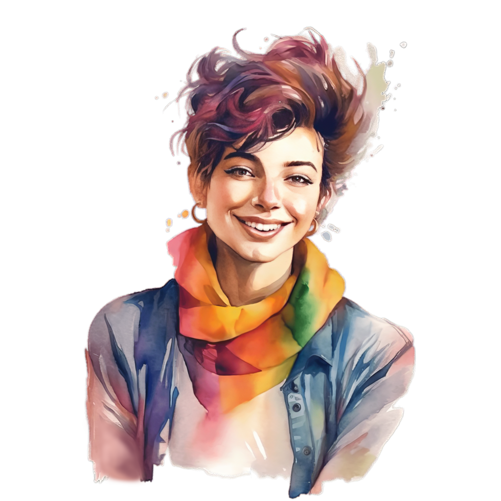 Short Hair Woman Laugh Front View Wear Rainbow Scarf, Concept of Pride Day, LGBTQ, Same-Sex Relationships and Homosexual png