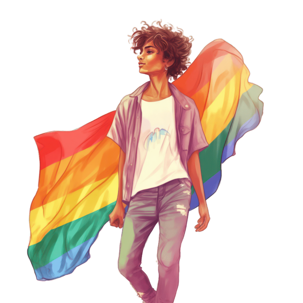 gay femme avec chemise et jeans permanent dans de face de arc en ciel drapeau arrière-plan, concept de fierté jour, lgbtq, de même sexe des relations et homosexuel ai généré png