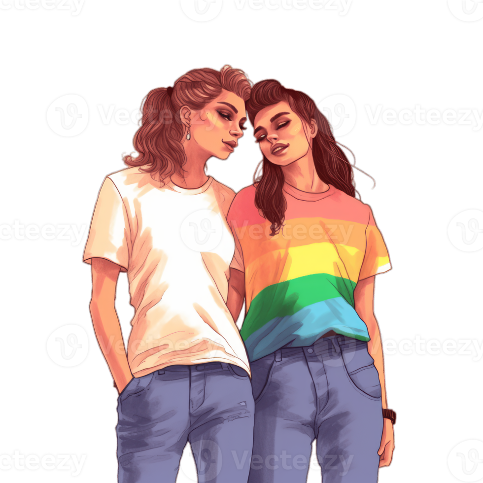 dos joven muchachas gay abrazo cada otro vestir arco iris tee camisa símbolo de lgbtq social movimiento de pie, lgbtq, del mismo sexo relaciones y homosexual concepto ai generado png