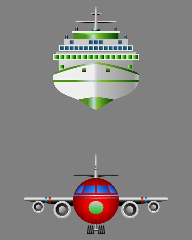 ships and planes seen from the front, mass transportation means vector