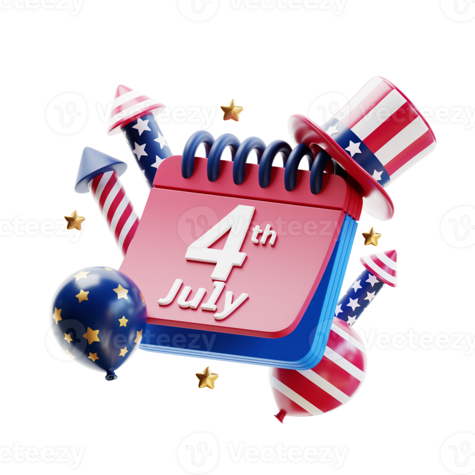 4:e av juli kalender med ballonger smällare och hatt 3d illustration png