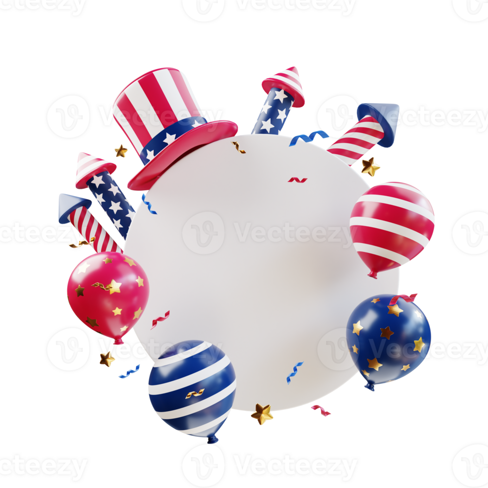 4th of july white frame with american hat firecrackers and balloons png