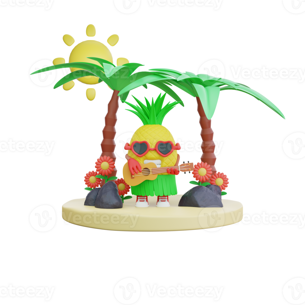 3D render design of a cute pineapple character for summer vacation png