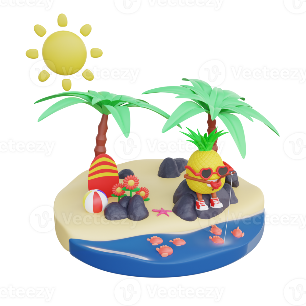 3D render design of a cute pineapple character for summer vacation png
