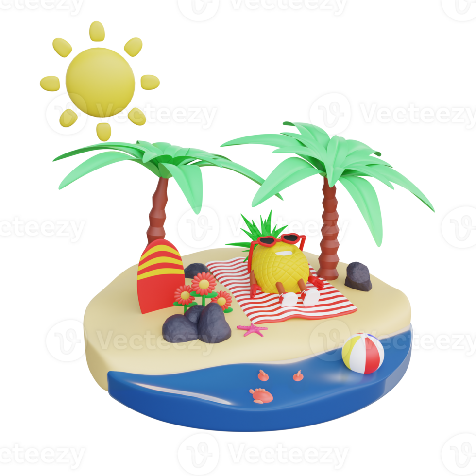 3D render design of a cute pineapple character for summer vacation png