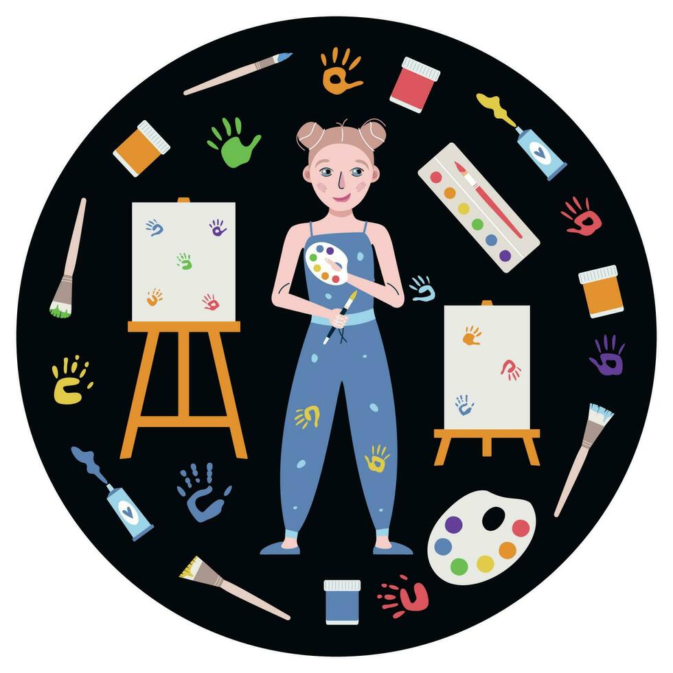 Flat vector painting tools in childish style. Hand drawn round shaped art supplies