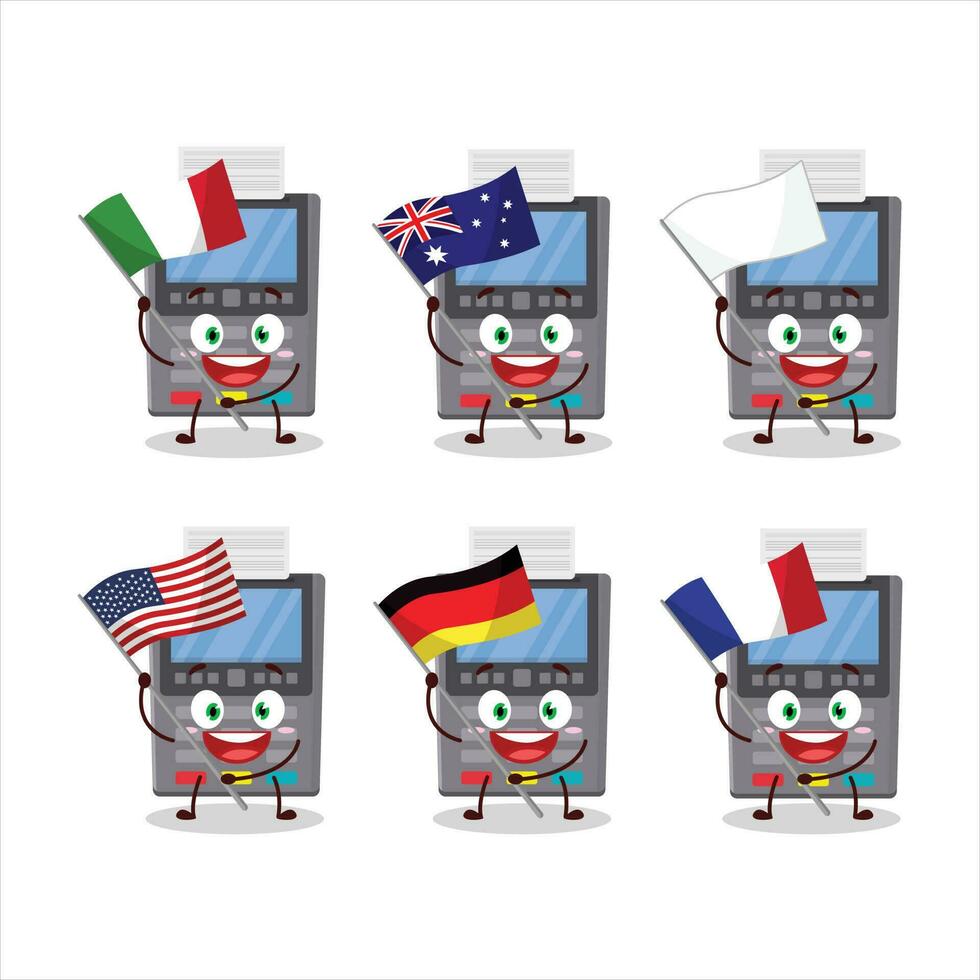 Grey payment terminal cartoon character bring the flags of various countries vector