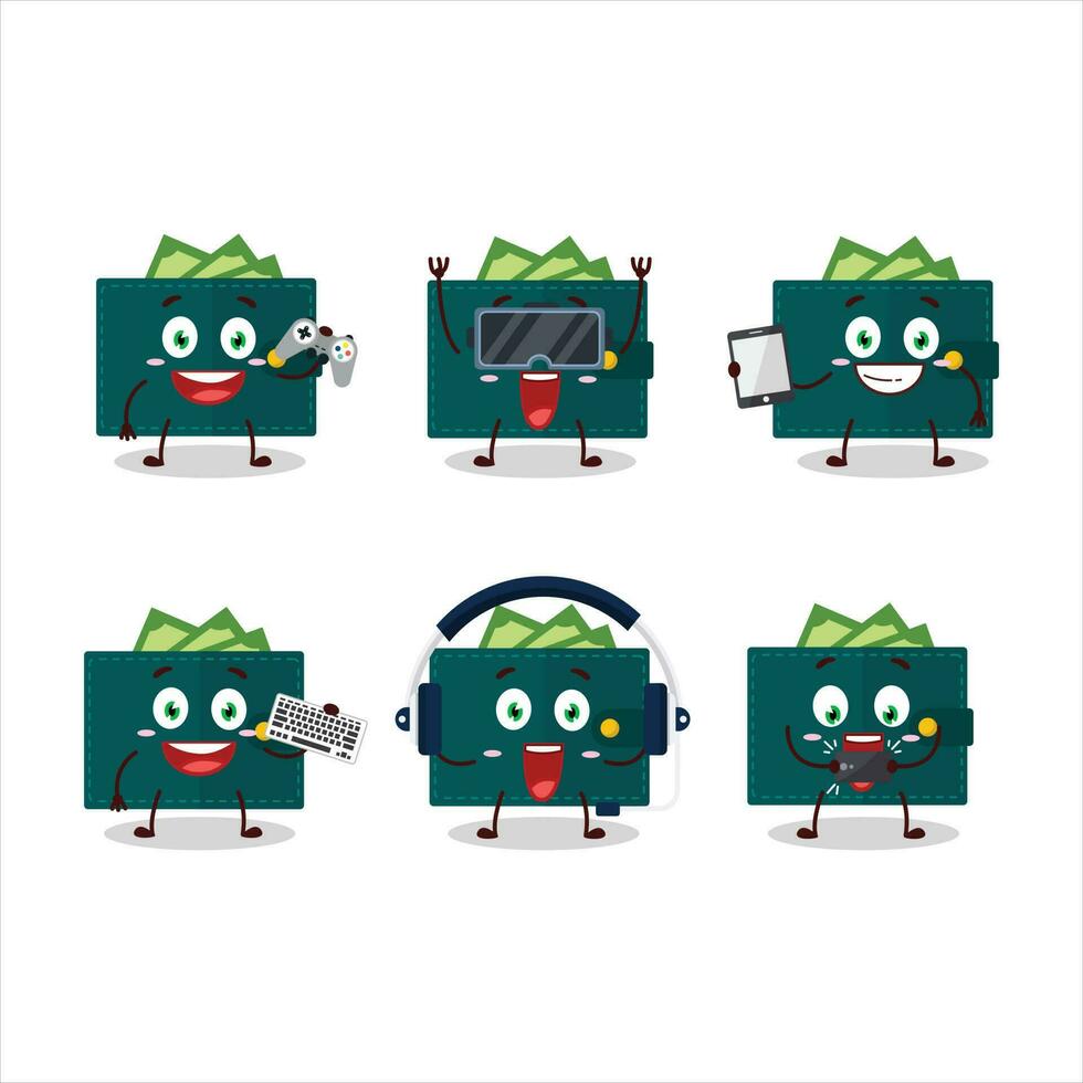 Green wallet cartoon character are playing games with various cute emoticons vector