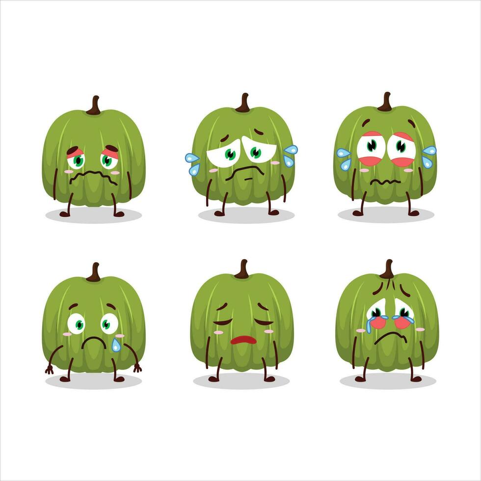 Green pumpkin cartoon character with sad expression vector