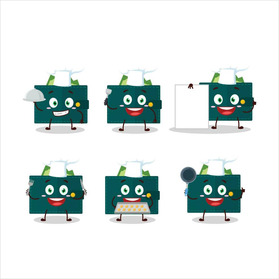 Cartoon character of green wallet with various chef emoticons vector