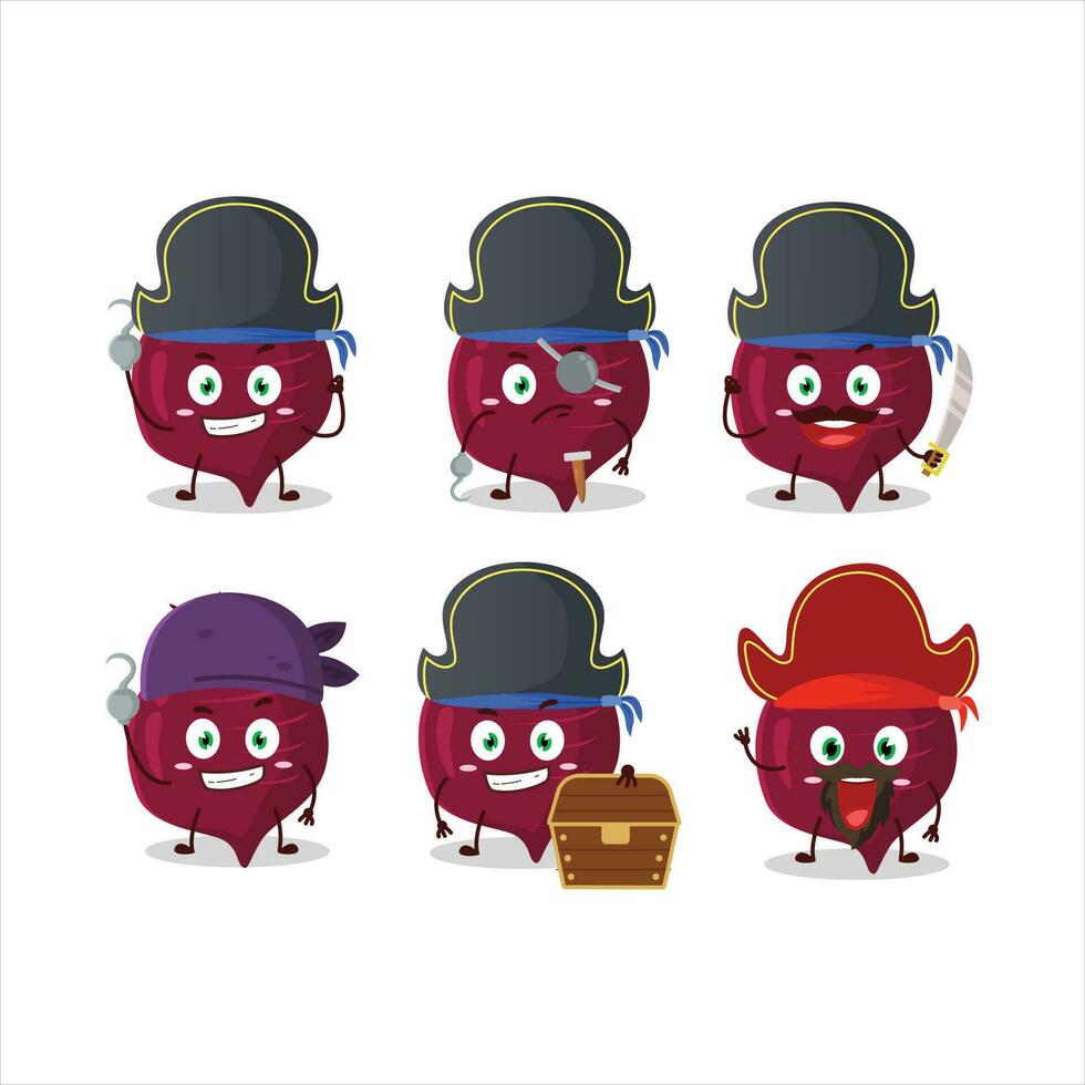 dibujos animados personaje de remolacha raíz con varios piratas emoticones vector