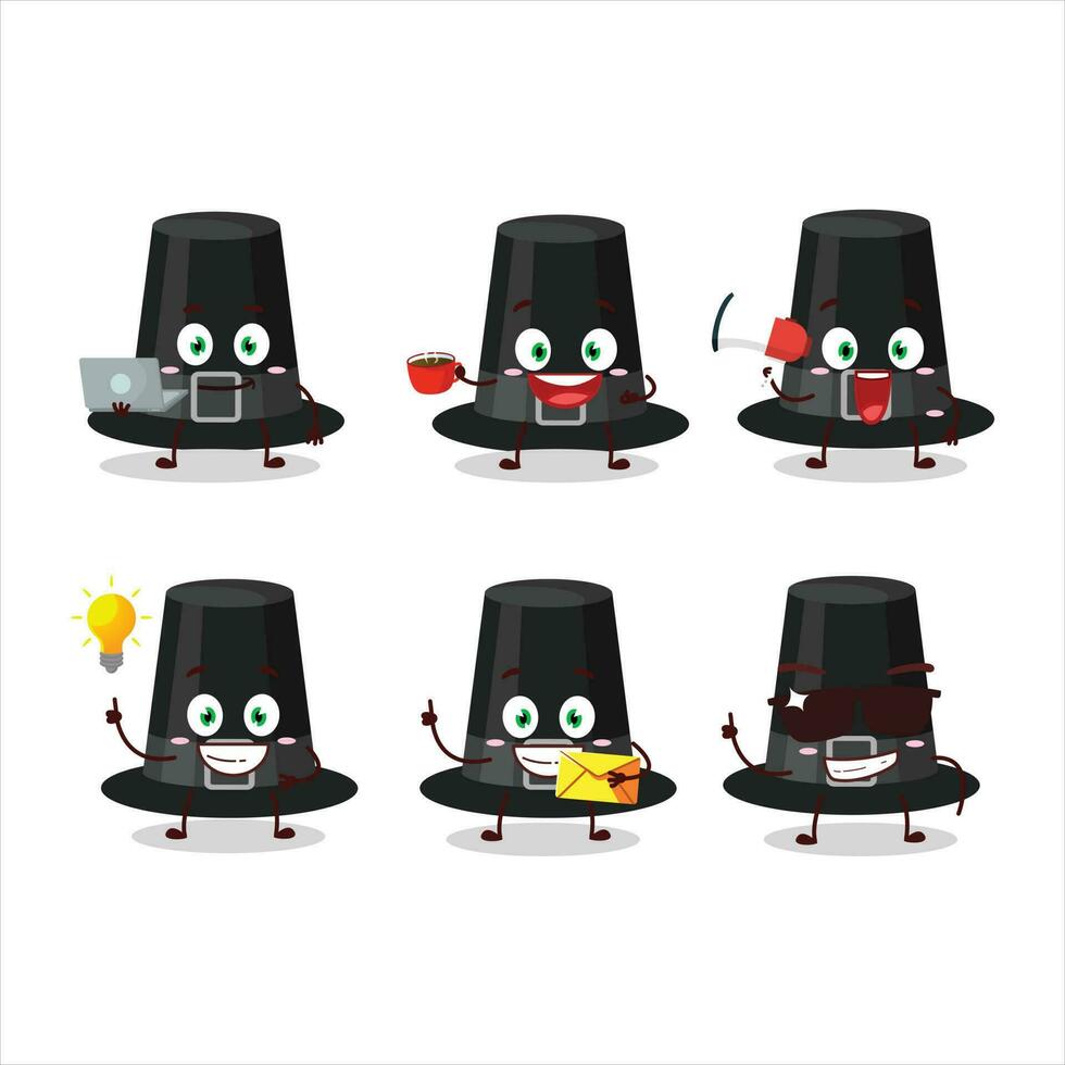 Black pilgrims hat cartoon character with various types of business emoticons vector