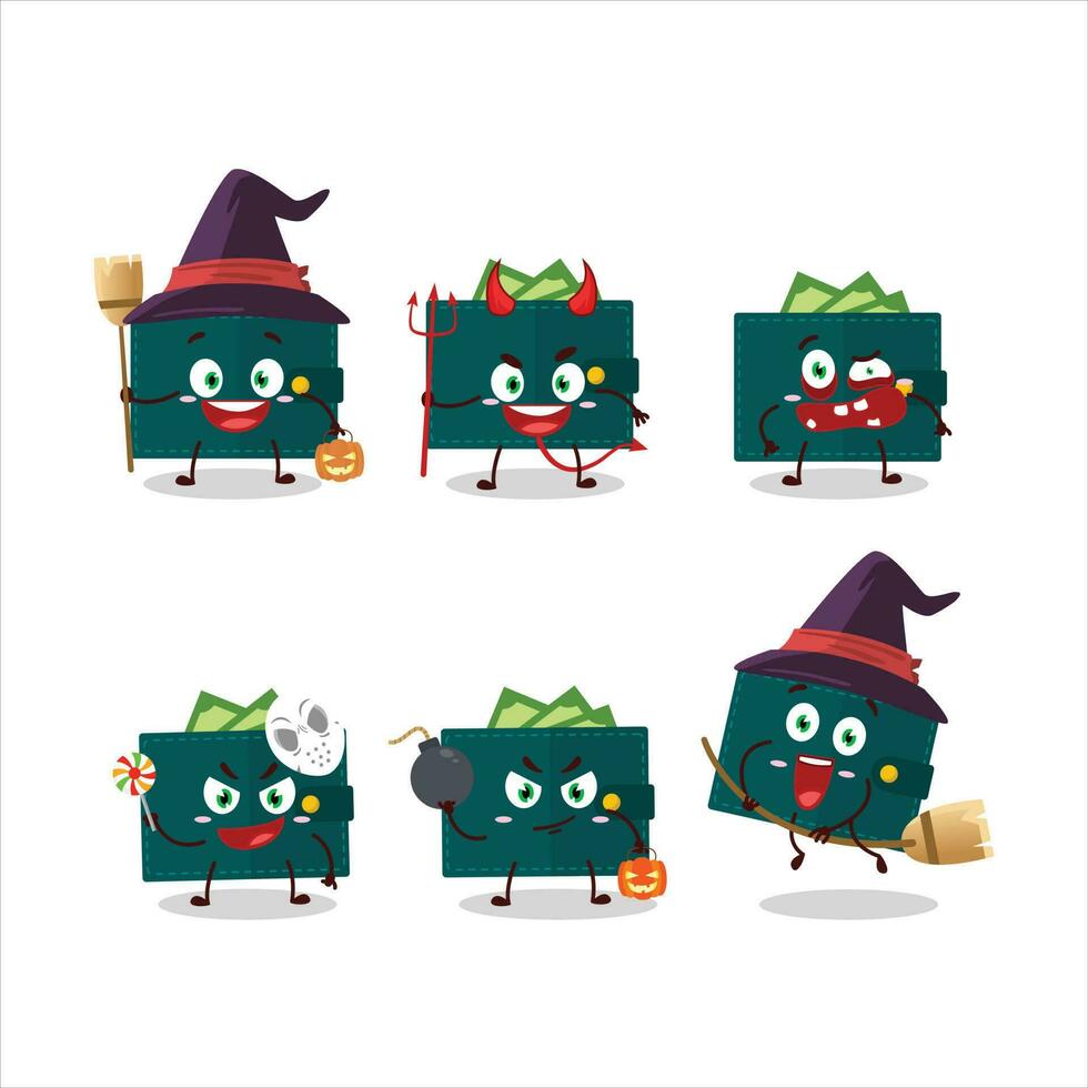 Halloween expression emoticons with cartoon character of green wallet vector