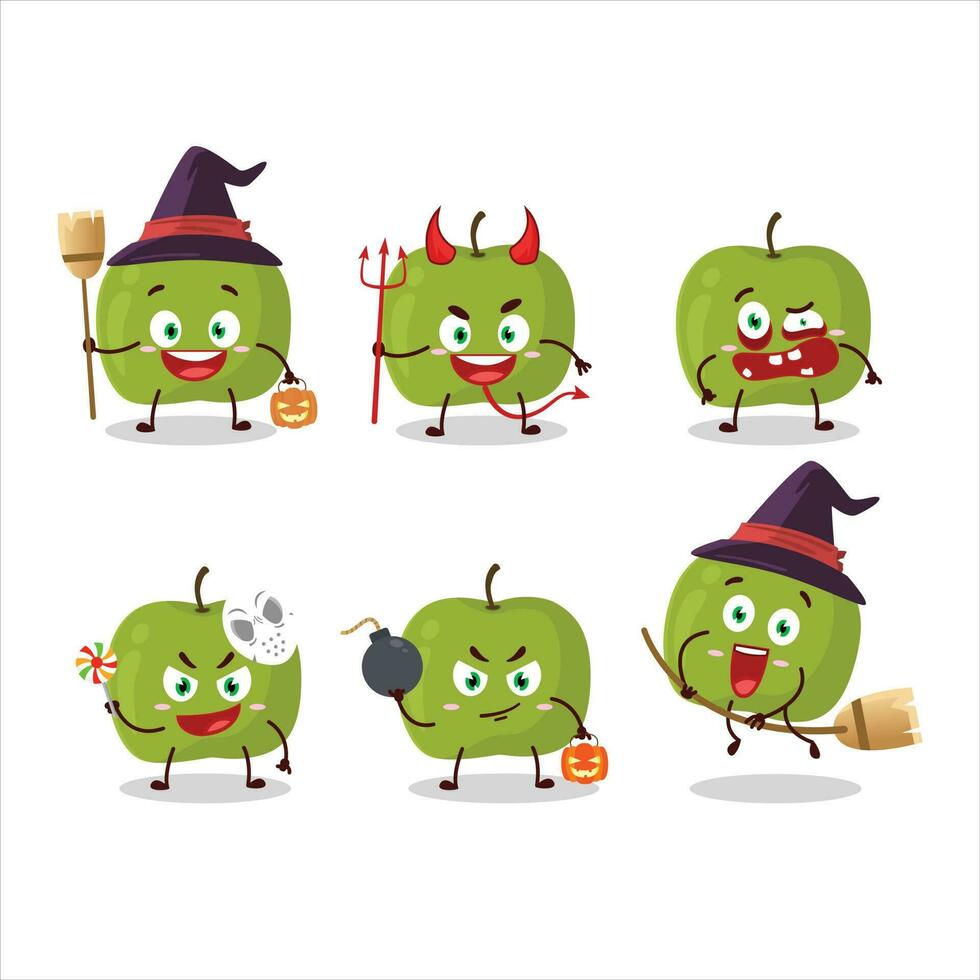 Halloween expression emoticons with cartoon character of green apple vector