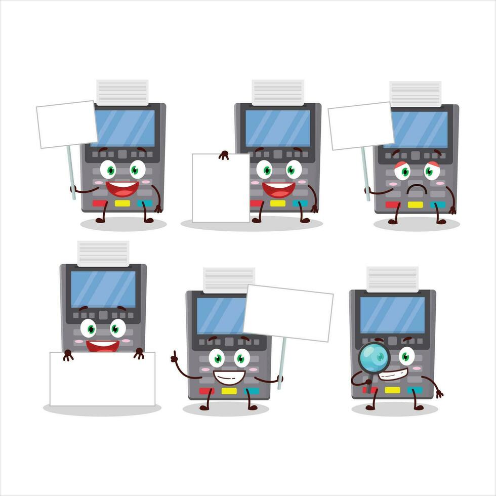 Grey payment terminal cartoon character bring information board vector