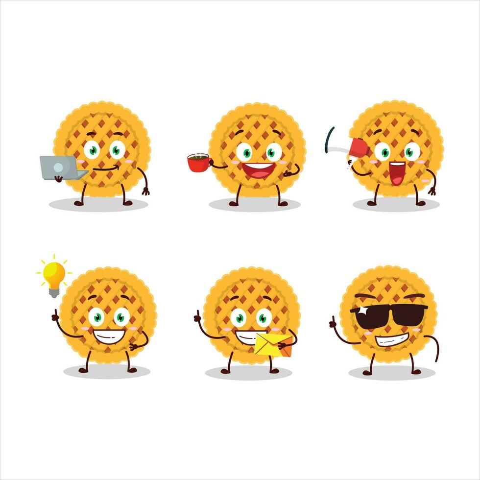 Pumpkin pie cartoon character with various types of business emoticons vector