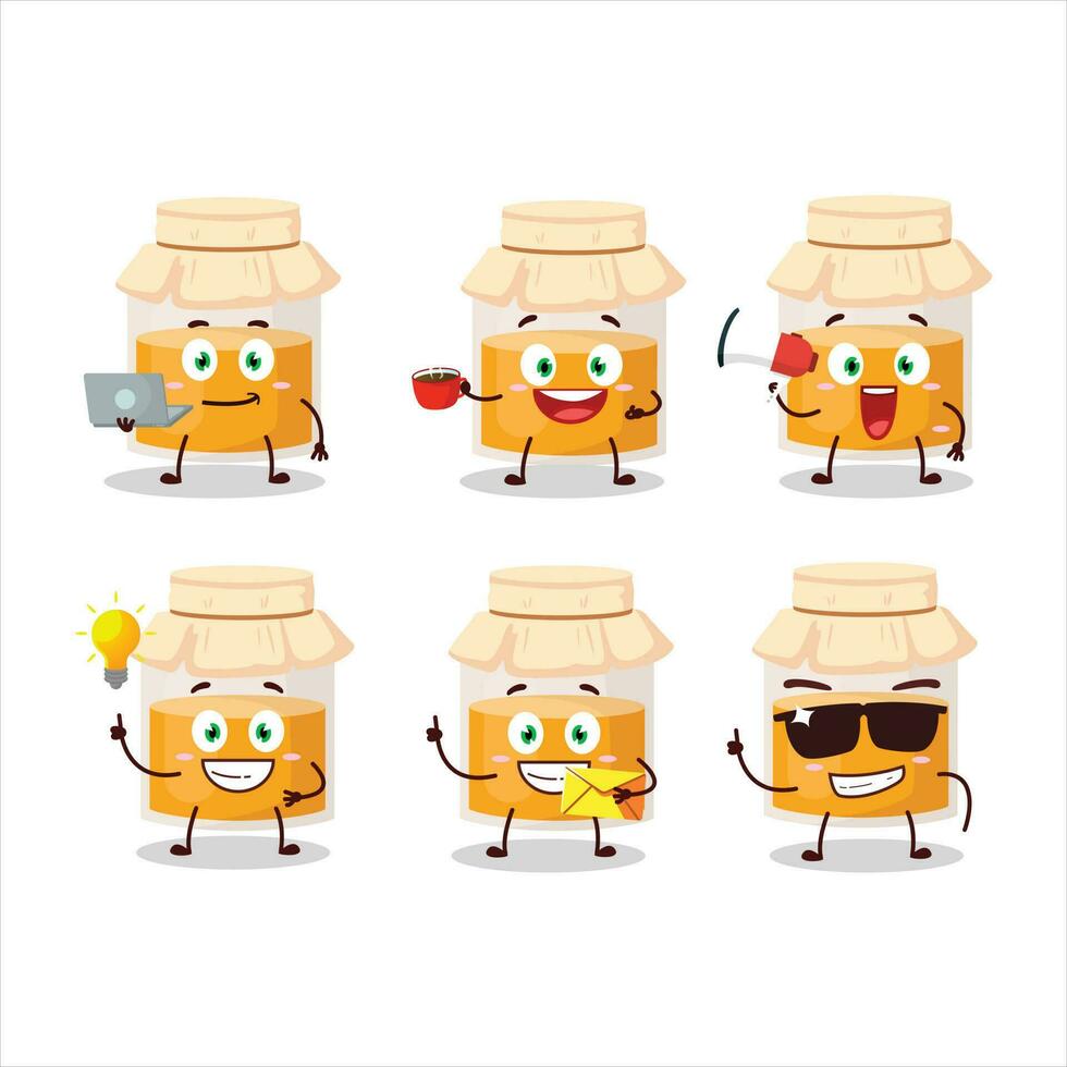 White honey jar cartoon character with various types of business emoticons vector