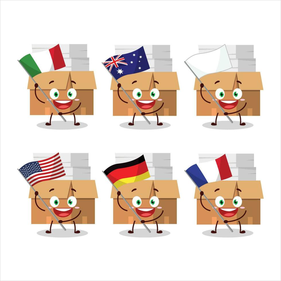 Office boxes with paper cartoon character bring the flags of various countries vector