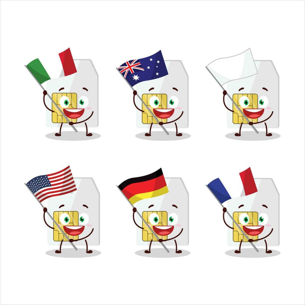 Sim card cartoon character bring the flags of various countries vector