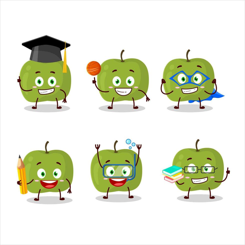 School student of green apple cartoon character with various expressions vector