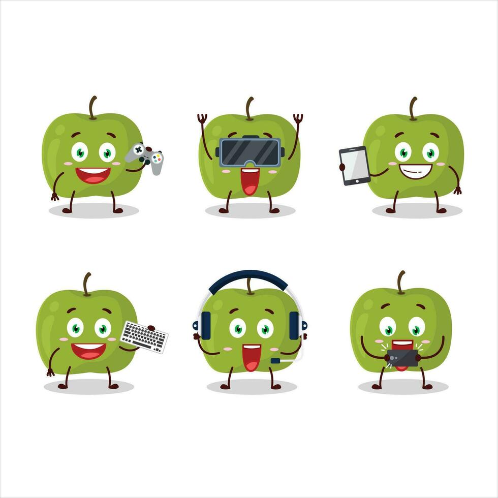 Green apple cartoon character are playing games with various cute emoticons vector