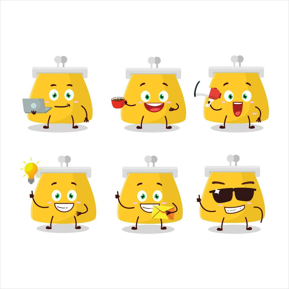 Coin purse cartoon character with various types of business emoticons vector