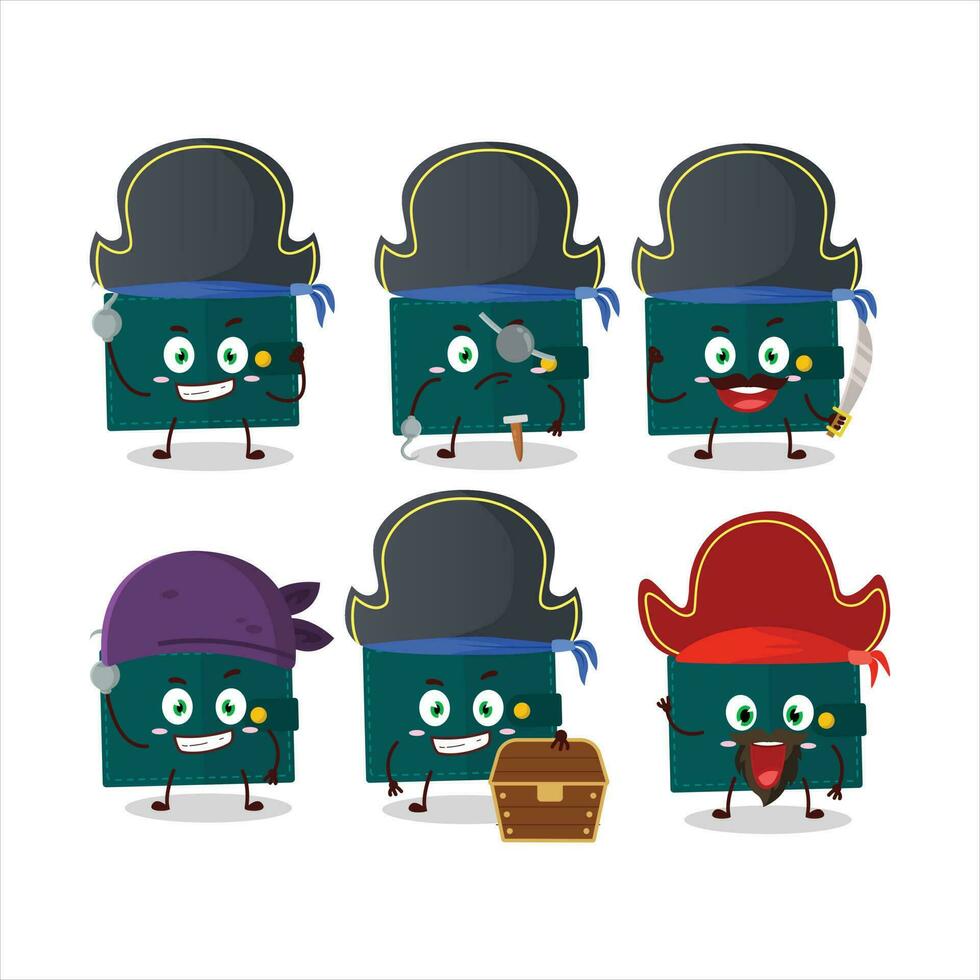 dibujos animados personaje de verde billetera con varios piratas emoticones vector