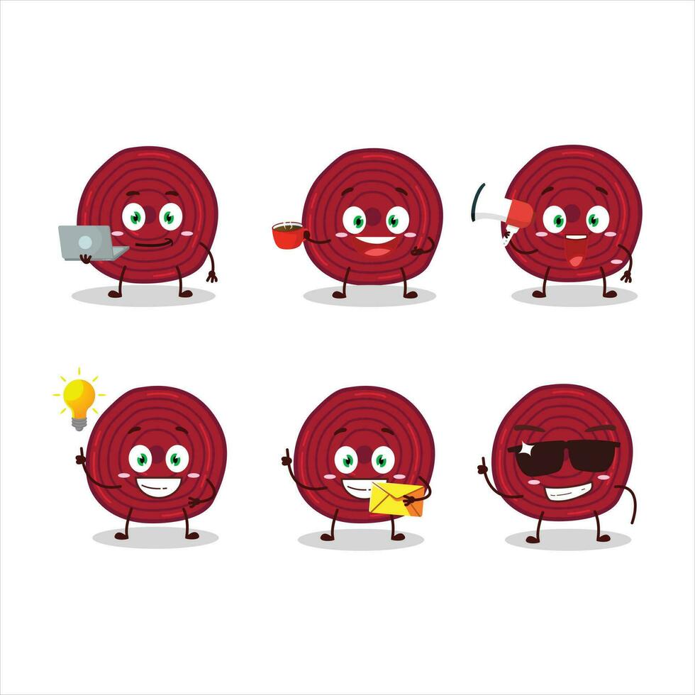Slice of beet root cartoon character with various types of business emoticons vector
