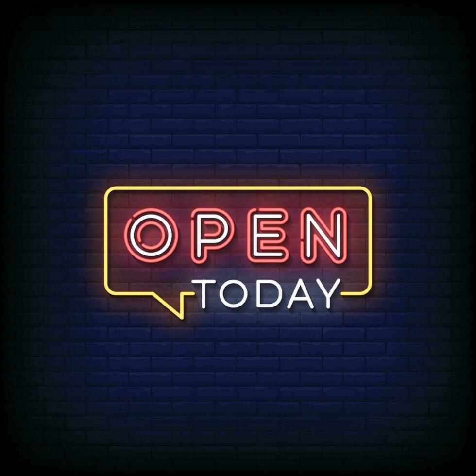 Neon Sign open today with brick wall background vector