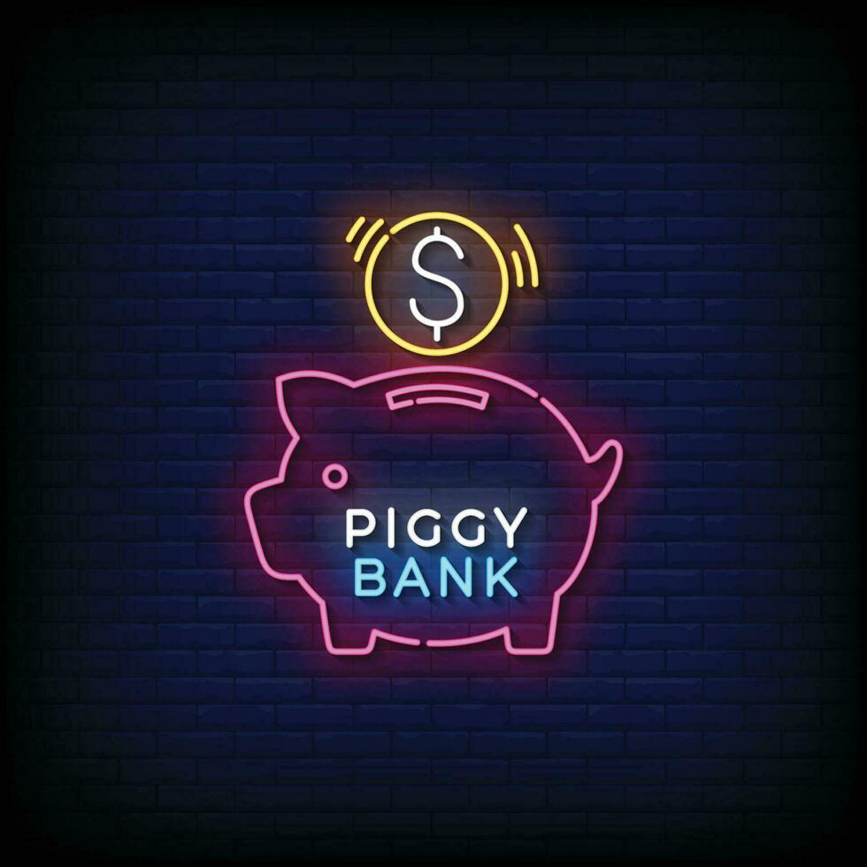 Neon Sign piggy bank with brick wall background vector