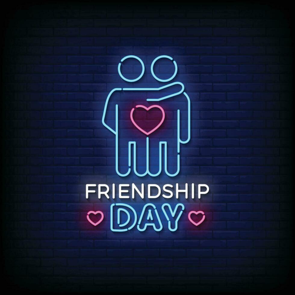 Neon Sign friendship day with brick wall background vector