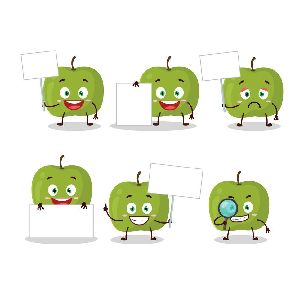 Green apple cartoon character bring information board vector